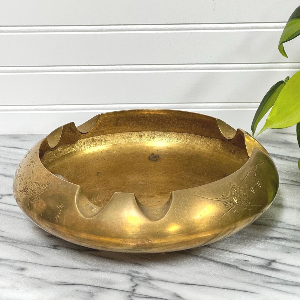 Vintage brass catch all bowl- Brass key dish- Large etched ashtray‎